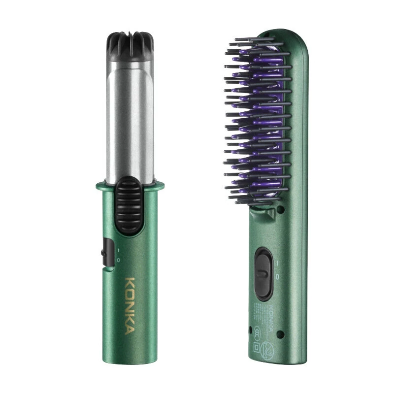 (image for) KONKA Mini Portable Hair Styling Kit Curling Iron Straightening Comb Hot Air Comb Hairdressing Set Large Curler Portable Travel Dual-Purpose Barber Curling Iron Straight Hair Comb